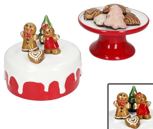MamboCat Mini plateau à gâteau sur pied en faïence I Rouge/blanc I Couvercle avec pain d'épices et sapin I Mini pâtisserie avec décor de Noël pour biscuits, mini gâteaux, chocolats, etc. I Noël