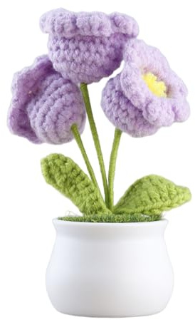 wellrun Orchidea fatta a mano all'uncinetto in vaso, piccola pianta in vaso lavorata a maglia, fiori realistici intrecciati a mano, decorazione per casa, ufficio, scrivania, auto (viola)