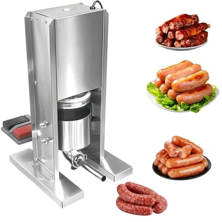 FahQuintuple Electric Sausage Stuffer Maker, Vertical Electric Stuffer with Foot Pedal Stainless Steel Heavy Duty Sausage Filler Meat Stuffer with 3 Stuffing Tubes, Home & Commercial