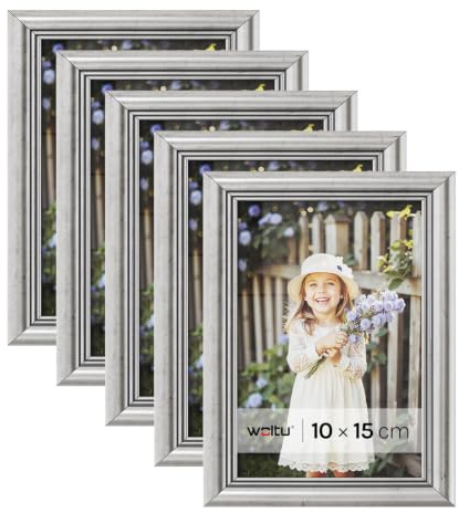 WOLTU Bilderrahmen 10x15, 5er set, Massivholz Fotorahmen mit Passepartout | Silber, Front aus PS-Platte, Posterrahmen zum vertikalen oder horizontalen Aufhängen und Aufstellen, Collage Wanddeko