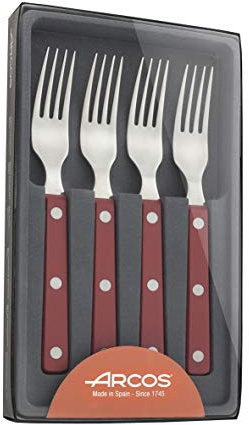 Arcos Serie Cuchillos de Mesa, Juego de Tenedores Chuleteros 4 piezas, Acero Inoxidable 18y10 y 195 mm, Mango Polioximetileno, POM Color Rojo