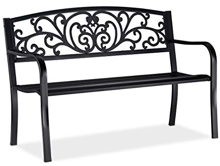 Relaxdays, noir jardin, Banc extérieur, balcon, 2 places, fer, ornements, Fonte, acier 86,5x127x60 cm