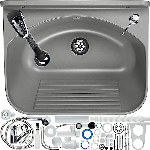 GOSPO Ausgussbecken mit ausziehbarer Armatur, Seifenspender, Siphon, Waschbecken 46 x 36 x 20 cm, für Garage, Keller, Waschtrog, Wandmontage, in Platte, Spülbecken inkl. Zubehör (grau)