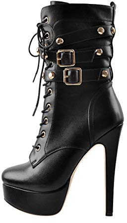 Only maker Damen Biker Boots Plateau Halbstiefel Stiefeletten Stiletto Schnürstiefel mit Metall Schnallen Schwarz 39 EU