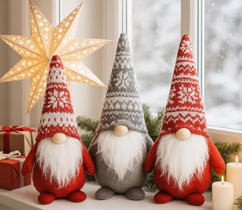 KAMACA 3er Set Weihnachts - Wichtel mit Bart Dekofigur Weihnachten Gnom Weihnachten (3er Set Wichtel rot grau rot)