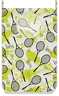 Seamless Black Tennis Rackets Green Balls on Green Blots Stains Hanging Laundry Hamper Bag, Dirty Clothes Bag over the Door, Wall Cloth Basket with Hooks Storage Closet for Bathroom Bedroom