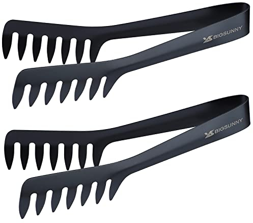 MSY BIGSUNNY 8-Inch Pasta Tongs, Stainless Steel Food Serving Tongs, Rust-Proof Spaghetti Tongs (Set of 2, Black)