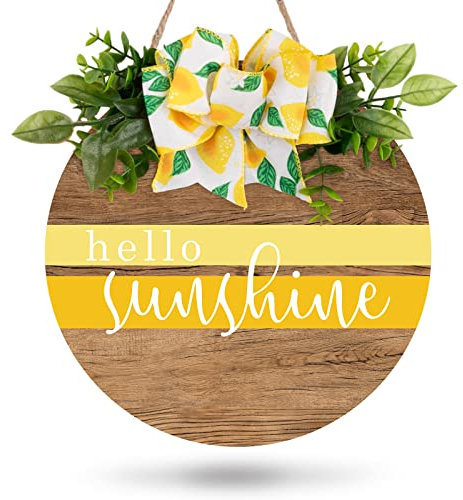 Whaline Hello Sunshine Holzschild zum Aufhängen, Sommer, Willkommensschild, Haustür Dekor mit Zitronenschleife, rustikales Bauernhaus, Holzschild, Türhänger für Frühling, Schaufenster, Hochzeit