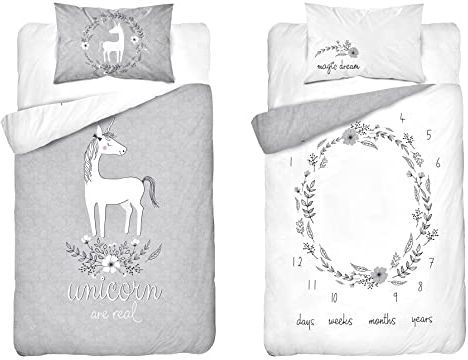 Carpe Sonno Wende-Kinderbettwäsche 135x100 cm Einhornbettwäsche Babybett Bettwäsche für Babys Mädchen - Baumwolle Babybettwäsche Set 2tlg mit Kissenbezug 40x60 cm Bettbezug grau