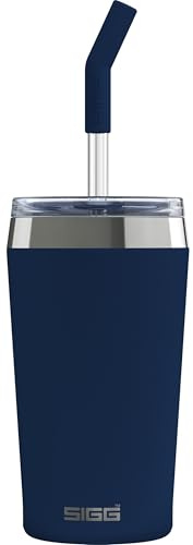 Sigg Helia Travel Mug, Double-Walled Insulated Thermal Cup with Glass Straw, Leakproof Stainless Steel Tumbler for Hot and Cold Drinks