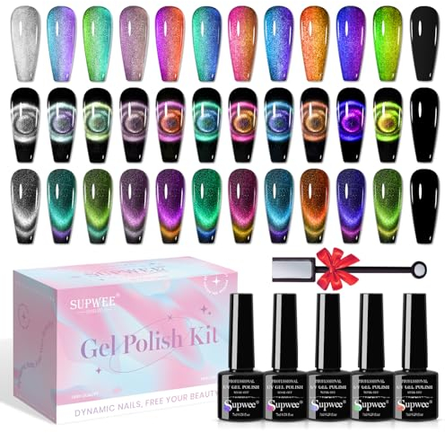 SUPWEE Cat Eye UV Gel Nagellack, 12 Farben 9D Chamäleon Galaxy Magnetic Nail Polish Set Mehrfacher Katzenaugen-Effekt mit Magnetstift Nagellacke Soak Off UV-Gel-Nagellack DIY Gelnägel