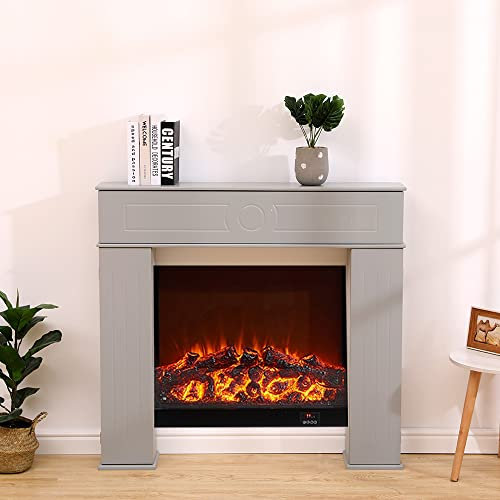 FUSIDE Fireplace Surround Wooden Storage Freestanding Fireplace Cover,3 Hidden Storage Shelf,Grey Painted,107x18x100cm(Without Fire)(WxDxH)