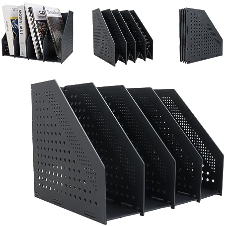 Faltbarer Stehsammler A4 Stehordner Plastik Zeitschriftensammler Dunkelgrau Zeitschriftenhalter A4 Aktenmagazinhalter mit 4 Fächer Plastik Stehordner für Büro Organisation, Schreibtisch Organizer