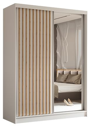 Margaret Hadas24 Kleiderschrank Erika mit Lamellen und Spiegel, Organizer, Mehrzweckschrank, Schwebetürenschrank, Garderobenschrank, Kleiderstange, Kleiderständer, Flurschrank, 160 cm, weiß, braun