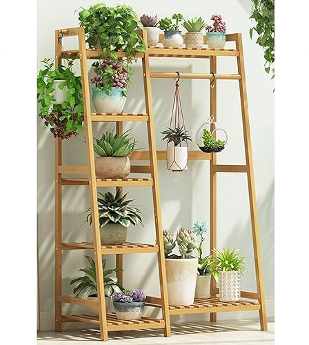 DECORN Pflanzenständer Hängendes Pflanzenregal für Den Innen- und Außenbereich 7-stufiges Pflanzenregal aus Holz für Mehrere Pflanzen,Wood color-80cm L