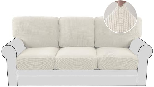 H.VERSAILTEX Multi-Pieces Sofa Covers for Three Cushion Couch Sofa High Stretch Seat Cover Jacquard Textured Twill Fabric(3 Seat Cover Plus 3 Back Cushion Covers, Ivory)