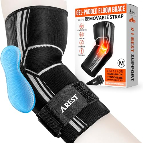 AREST Ellenbogenbandage mit Kompressionsband - Sportliche Ellbogen Bandage - Ellenbogen Bandagen Herren und Damen - Bandage Ellenbogen für Gym - Ellbogenschoner Verstellbar (M)
