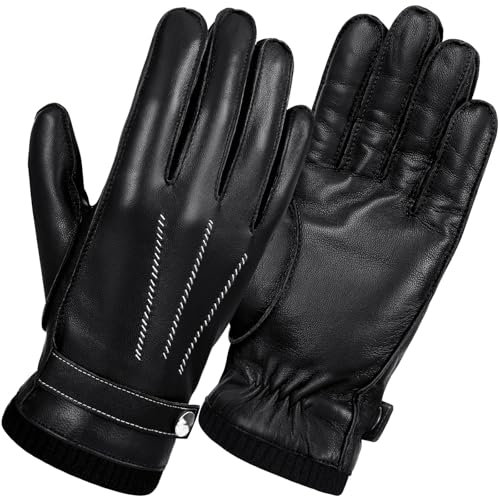 GSG SINCE 1998 Chromfrei Lederhandschuhe Herren Winter-Fahrhandschuhe mit warmer Wollfütterung Touchscreen Schaffellhandschuhe Schwarz M