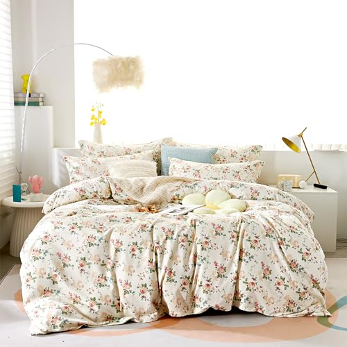 Boqingzhu Baumwolle Bettwäsche 135x200cm Blumen Rosa Rose Beige Weiß Aesthetic Vintage Landhausstil Bettwäsche Set Blumenmuster Blümchen Floral Bettbezug und Kissenbezug 80x80cm mit Reißverschluss