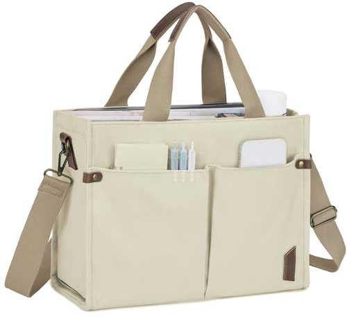 VASCHY Tote Bag Mujer Casual con Cremallera, Bolso Universidad Portátil de Lona Correa Desmontable Multibolsillos para Trabajo Viaje, Albaricoque