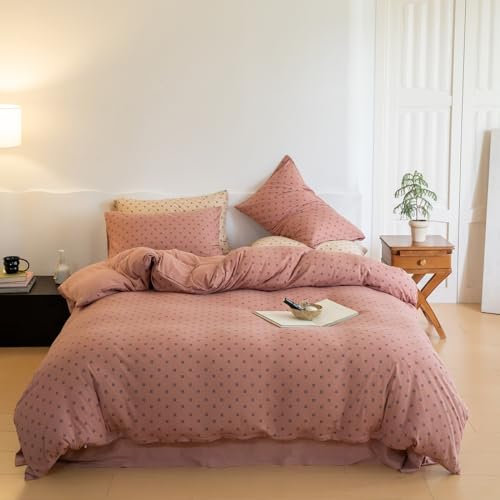 LifeTB - Funda de edredón rosa rubor tamaño individual a cuadros de cuadrícula impresa de algodón de punto jersey con cierre de cremallera - Juego de ropa de cama con funda para edredón a cuadros