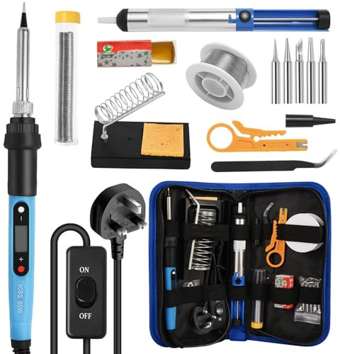 FEITA Soldering Iron Kit for Electronics, 14 in 1 Welding Tools Kit with Switch 80W LCD Adjustable Temperature Solder Iron, 2 Solder Wire, Flux, 5 Soldering Tips, Desoldering Pump, Stand, Tweezers