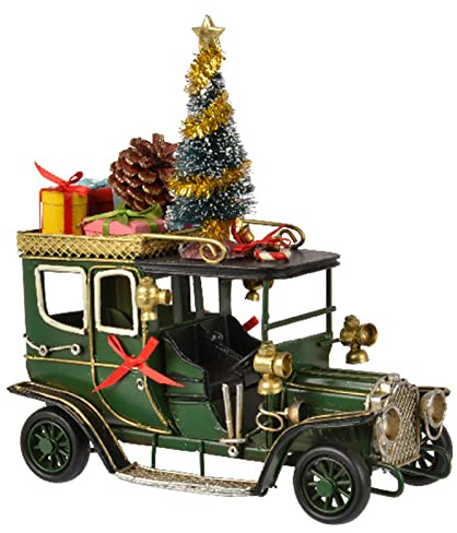 Magie di Natale Weihnachten Auto Eisen Baum,Tannenzapfen und Geschenke Weihnachtsdorf Dekoration 17cm (Grün)