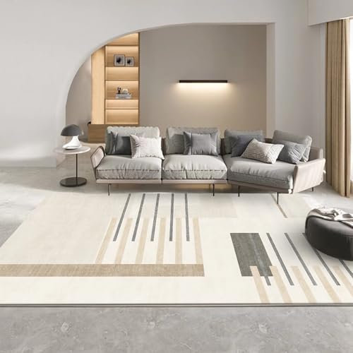 Waschbarer Teppich Wohnzimmer,Fleckenresistenter Teppich im creme-braunen Streifendesign,kinder Zimmer büro Teppich,180x250cm