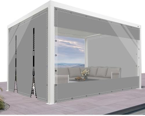 AMXFS Plane Outdoor Vorhang Plane mit Ösen Wetterfest aus PVC H2,8m*L4,6m Windschutz Regenschutzplane Terrassenplane 0,50m Planen outdoorvorhänge für Pavillon Wintergarten,Transparent & Grau