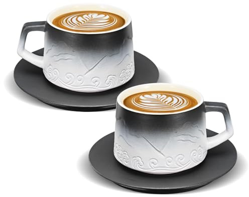 Cappuccino Tassen mit Untertassen 2er-Set, 200ml Geprägte Kaffeetassen mit Untertasse für Latte Art, Handbemalte Gradienten Weiß Kaffeebecher aus Steingut Tassen Geschenke für Kaffeeliebhaber,Tee