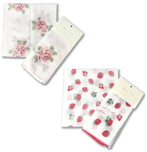 Lot de 2 débarbouillettes exfoliantes [fabriquées au Japon] pour le dos de douche présentant de charmants motifs de design, serviette exfoliante [luffa pour homme et femme] (rose à pois, fraise)