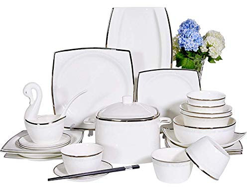 XFZJCHAP Service de Table Fin, Service de Table en Porcelaine Blanche, Assiettes et Bols en céramique, Service de Vaisselle Rond Vintage pour Cuisine/Salle à Manger, Service pour 10 Personnes