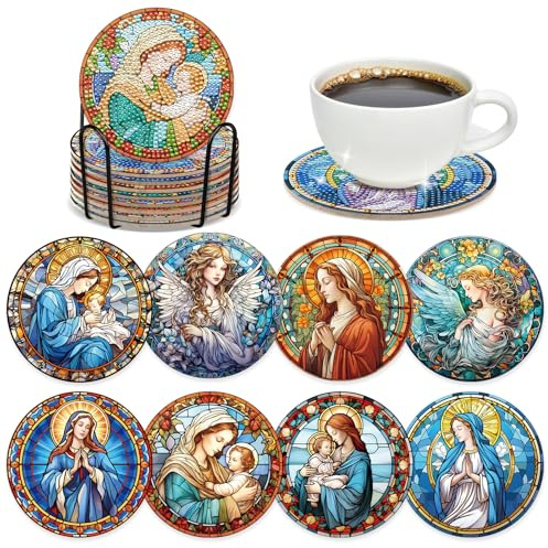 INCOK Christian Diamond Art Coasters - 8 Pcs DIY Non Slip Religions Diamond Painting Coasters Kits Our Lady Colorful Glass Art Craft Table Decor Birthday Inspirational Easter Gift for Beginners Adults