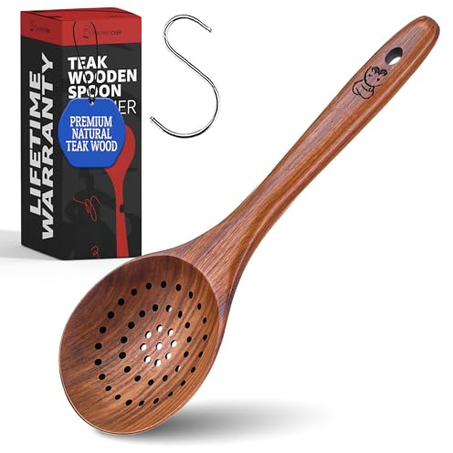 PriorityChef Wooden Slotted Spoon - Premium Teak Cooking Utensil for Frying, Straining & Serving - Long Handle Kitchen Spoon for Nonstick Cookware - Handcrafted Durable Wood