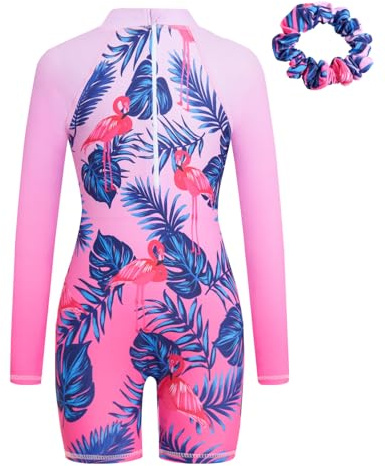 JiAmy Traje de baño de una pieza para niñas, traje de baño de manga larga con cremallera, protección solar UV, traje de baño de sirena con gorro de natación para niñas de 4 a 9 años, rosso, 6-7 años