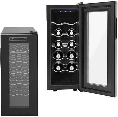 SUONTY Nevera para vino (12 botellas, 33 litros, iluminación LED, enfriador de vino, minibar, con puerta de cristal)