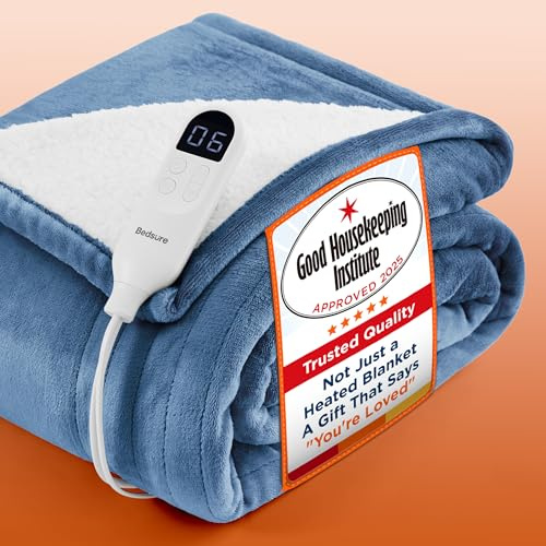 Bedsure Electric Blanket Heated Throw - Flannel, 130x160cm, Grey Blue | Soft flannel with 6 heat settings and 10-hour timer with fast heating and overheat protection