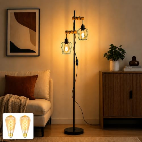 ZMH Stehlampe Wohnzimmer Vintage Holz Stehleuchte 2 flammig | Standleuchte Schwarz im Industrial Design Standlampe aus Metall mit 2 × 4W E27 2200K Leuchtmittel