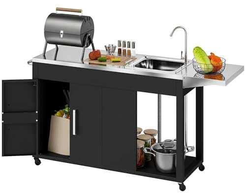 Outsunny Grillwagen Servierwagen mit Arbeitsfläche Seitenblatt Schrank Spüle Räder, BBQ Grilltisch aus Edelstahl, Outdoor Grill Beistelltisch für Garten, Terrasse, Grill 162,5 x 47 x 87cm Schwarz