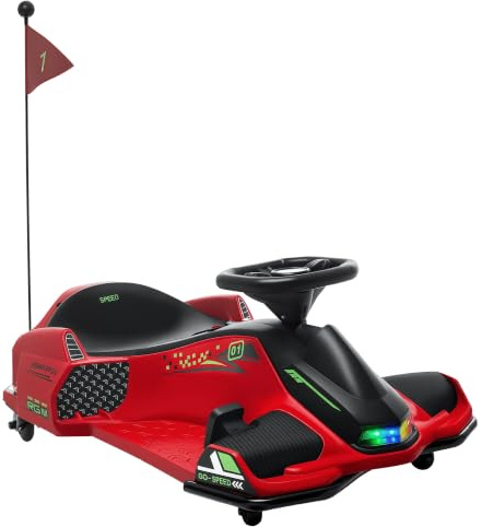 HOMCOM Kinder Elektro Gokart 12 V 3-8km/h Drift Kart mit Driftmodus, Langsamem Start, Go Kart mit Lichtern Musik, Sicherheitsgurt Kinderfahrzeug für 8-12 Jahre Kinder Rot