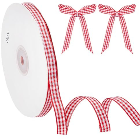 MAYJOYDIY 45.7m Rot Weißes Gingham Band 10mm Vichy Geschenkband Rot Weiß Schleifenband Karoband für Schleifen, Nähen, Geschenkverpackungen, Hochzeit, Brautparty