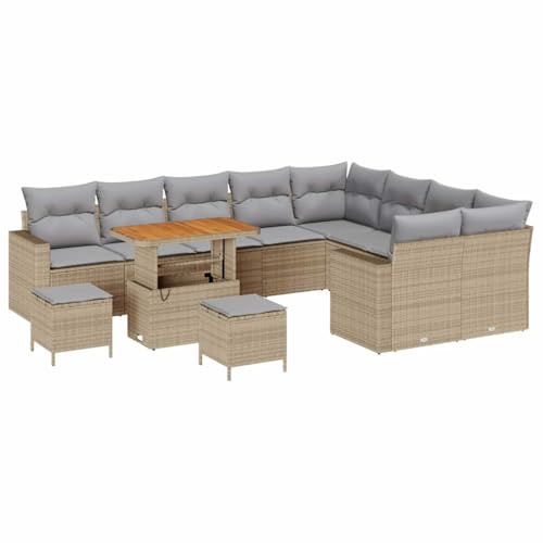 vidaXL Garten-Sofa-Set 12 pcs Beige Poly-Rattan, Garten und Terrasse, modernes modulares Design, haltbares Rattansofa, Sitzset für draußen, Funktionelle Akazienmöbel