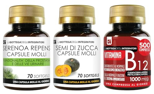 Set di integratori Prostata e Energia | Serenoa Repens 70 Softgels, Zucca 70 Softgels e Vitamina B12 500 Compresse