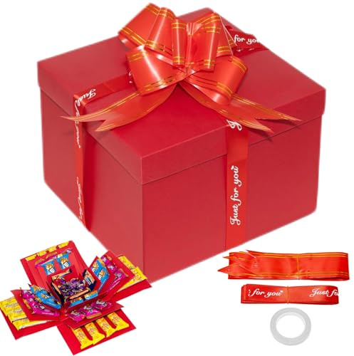 Überraschungbox 5-lagige Explosionsbox Geburtstag mit Band und Klebeband | 23 x 23 x 16cm Hochwertiges Papier Rot Surprise Box für Valentinstagsgeschenke Geburtstag Hochzeitstag Weihnachten