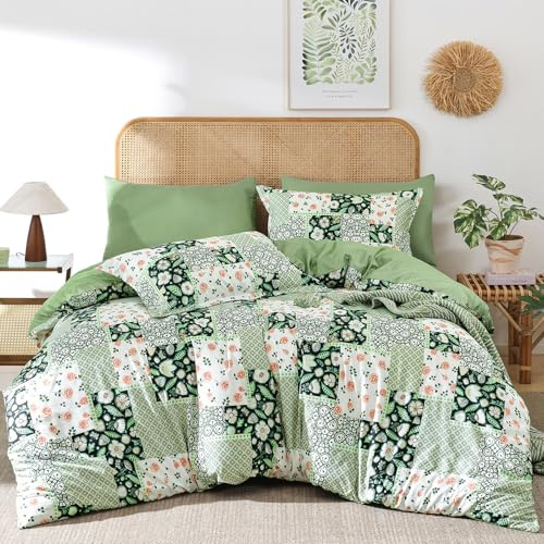 DJY Floral Duvet Cover Set King Size - 3-Piece Green Bedding Set - Wrinkle-Resistant & Breathable Design with Hidden Zipper (King, 220x230cm)