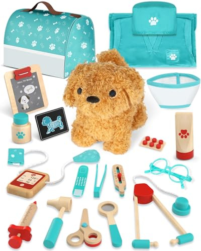 Valigetta Dottore Bambini, Kit Veterinario di Legno, Kit Dottoressa Bambina con Peluche Cane, Valigetta Dottoressa Bambina con Camice e Cappello, Giochi Bambini 3 Anni(Verde)