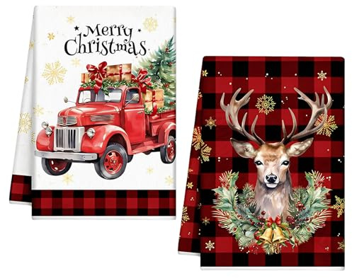 Geschirrtuch Weihnachten, 2er Set Geschirrtüchers Weihnachten Küchentücher 43*66cm, Weihnachtsbaum Lebkuchenmann Süßigkeiten Elch Geschirrhandtuch für Christmas Esstisch Küchendekorationen (B)