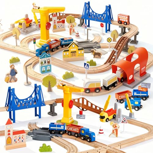 Giant bean 94 Pcs Wooden Train Set, Modern City Adventure Railway Track for Kids with Bridge, Tunnel, Crane, Town Buildings, Compatible with Most Brand, Christmas Toy Gift for Boys Girls Age 3-8