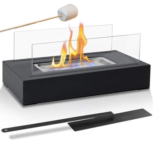 Foyer De Table D'extérieur – Table Coupe-Vent en Acier Inoxydable avec Verre À Quatre Côtés, Machine À Smores Portable sans Fumée, Brasero pour Utilisation Intérieure/extérieure