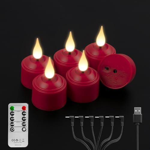 AiiBowy LED Teelichter Wiederaufladbar mit Fernbedienung [6 Stück] Elektrische Teelichter mit 6-in-1 DC Kabel, Flackernde Flammenlose Led Kerzen für Hochzeiten, Partys,Festivals (Rot)